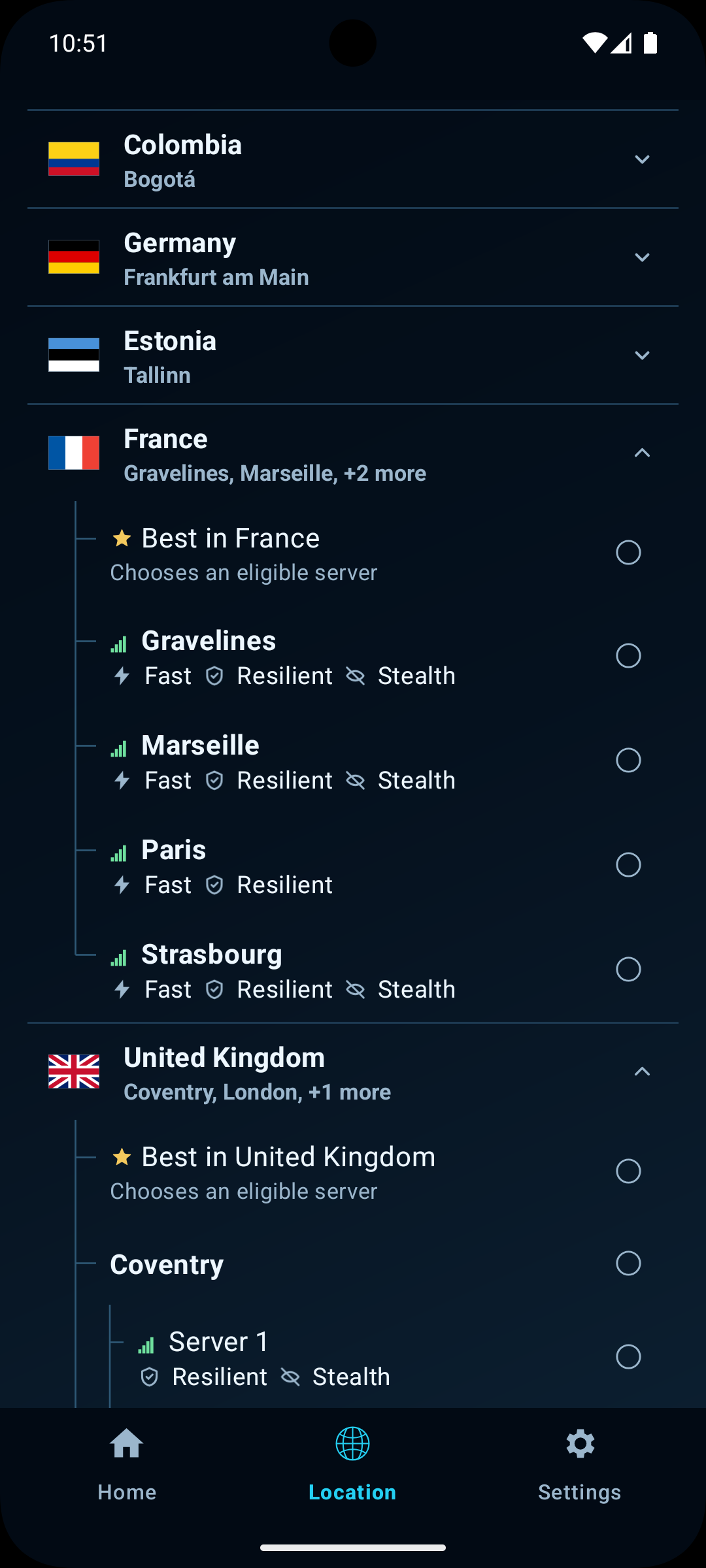 SuchVPN Locations, with countries, cities and available connection modes