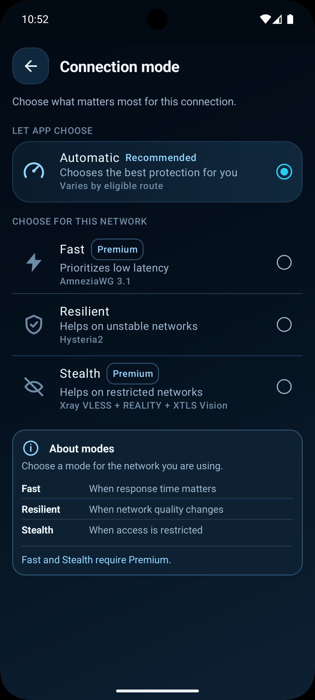 SuchVPN Automatic, Fast, Resilient and Stealth modes